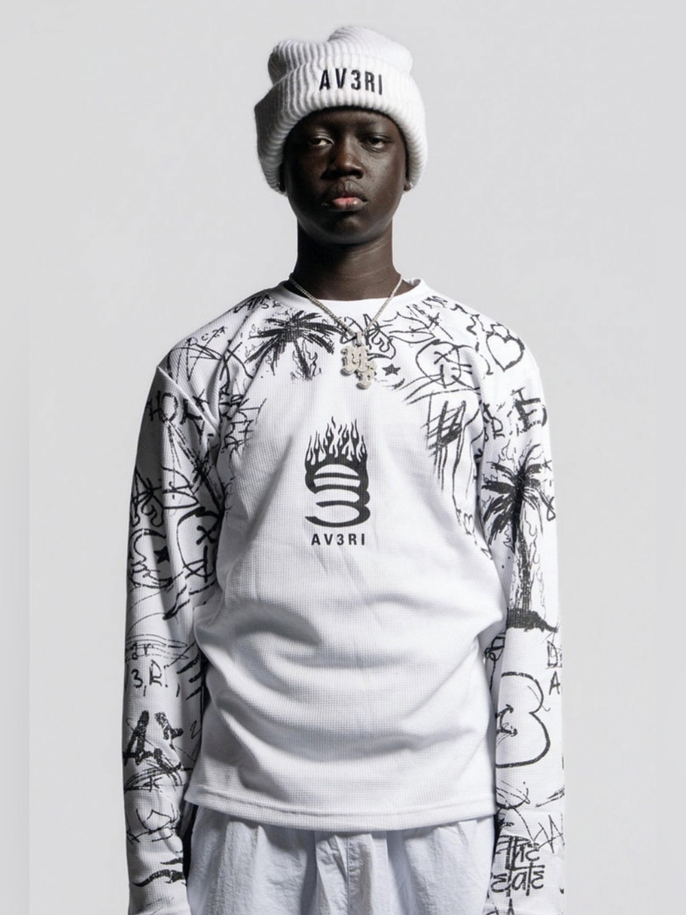 AV3RI White Graphic Long Sleeve Thermal Tee